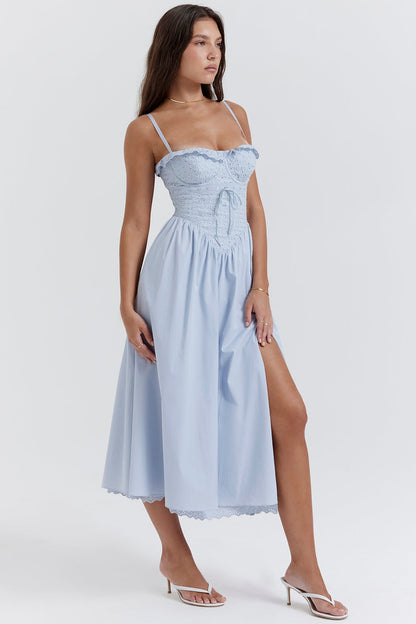 soft blue cotton broderie anglais midi sundress