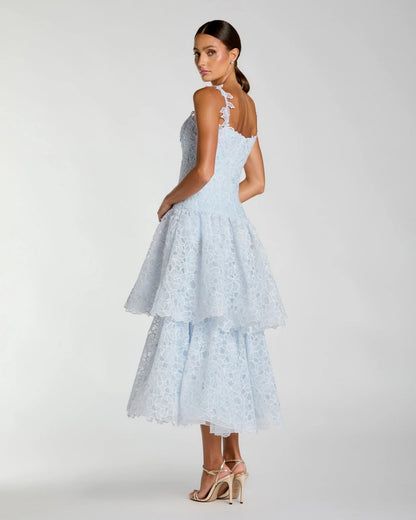 Blue Sleeveless Embroidered Lace Tiered Midi Dress