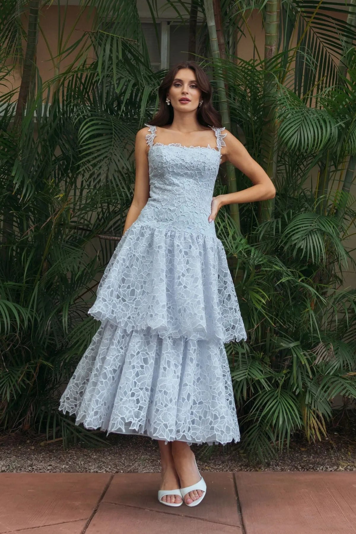 Blue Sleeveless Embroidered Lace Tiered Midi Dress
