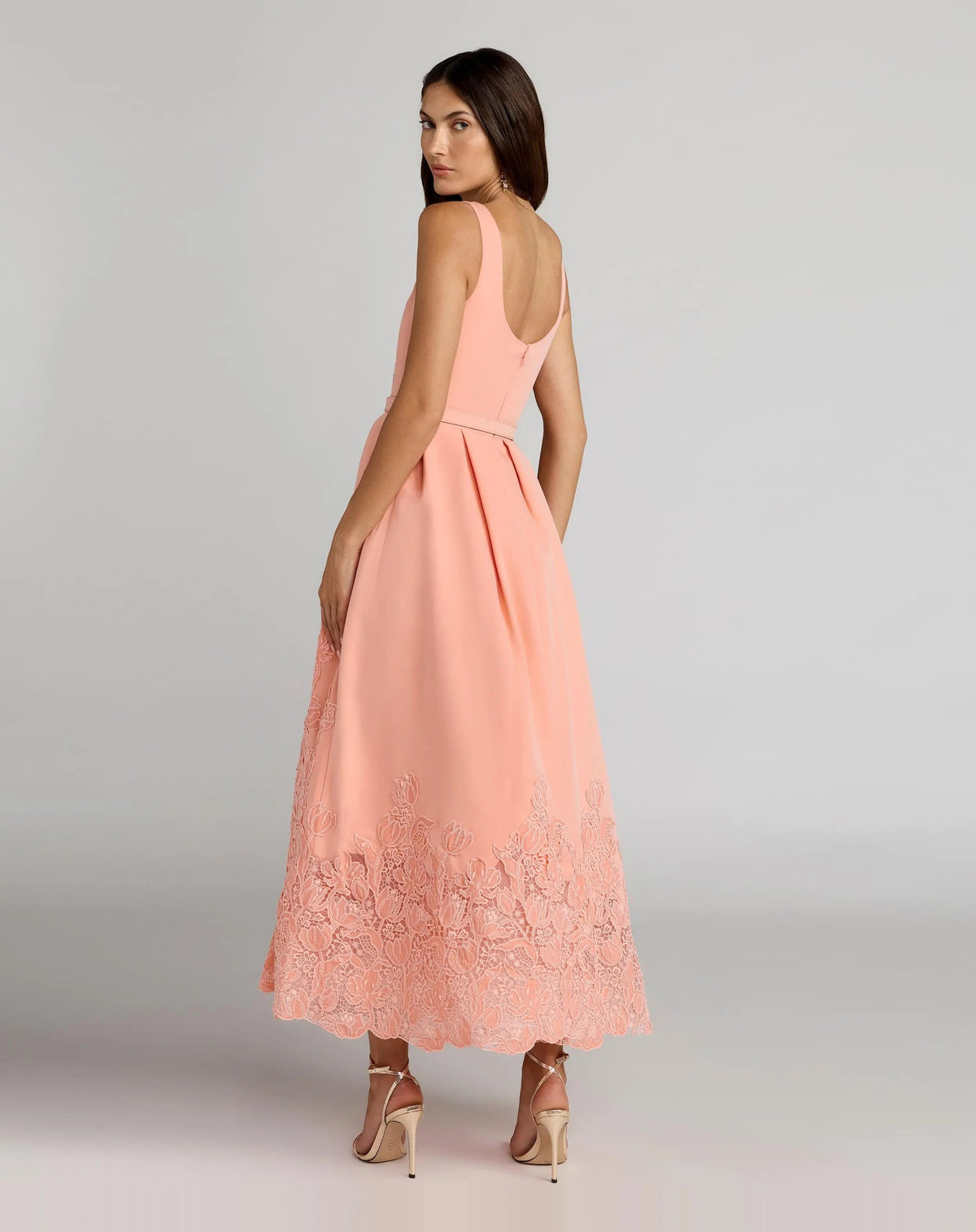 Peach Lace Hem Belted Midi Dress