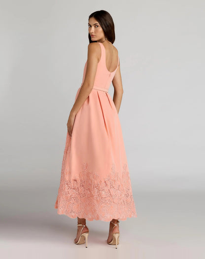 Peach Lace Hem Belted Midi Dress