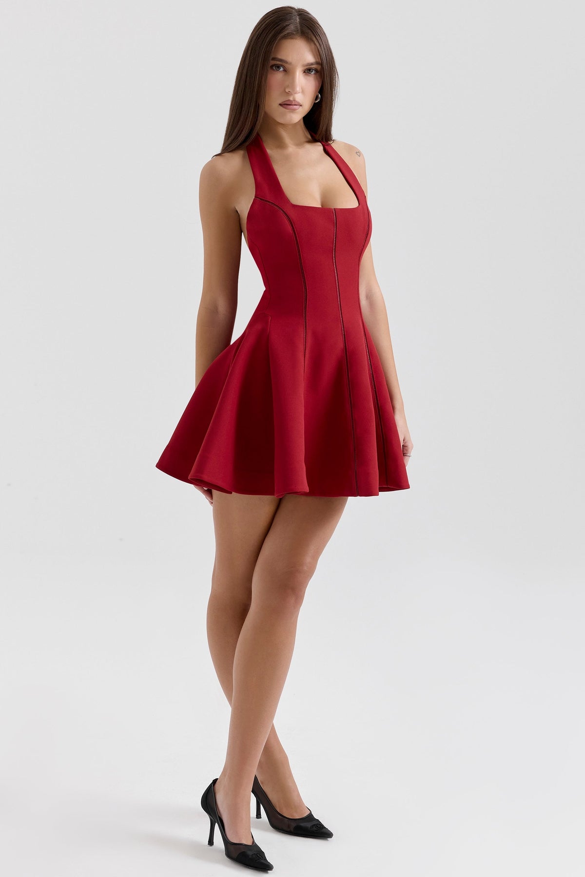 red halter neck bow mini dress