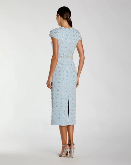 Blue Hand Embellished High Neck Midi Dress