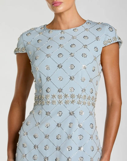 Blue Hand Embellished High Neck Midi Dress
