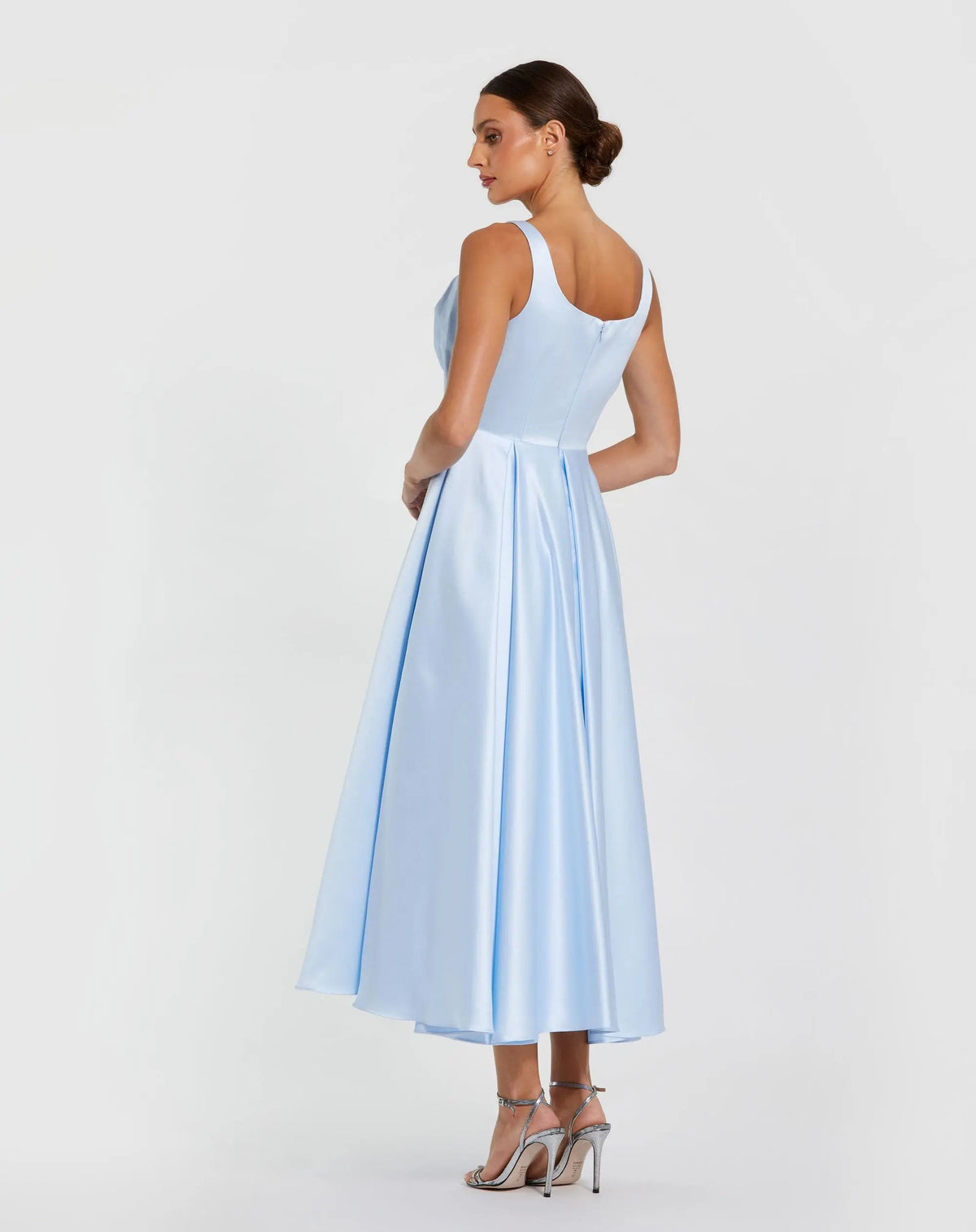 Blue Satin Midi Dress with Oversized Bow