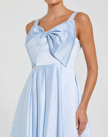 Blue Satin Midi Dress with Oversized Bow