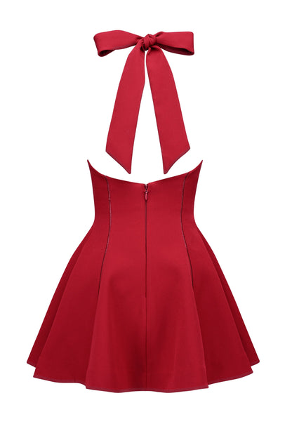 red halter neck bow mini dress