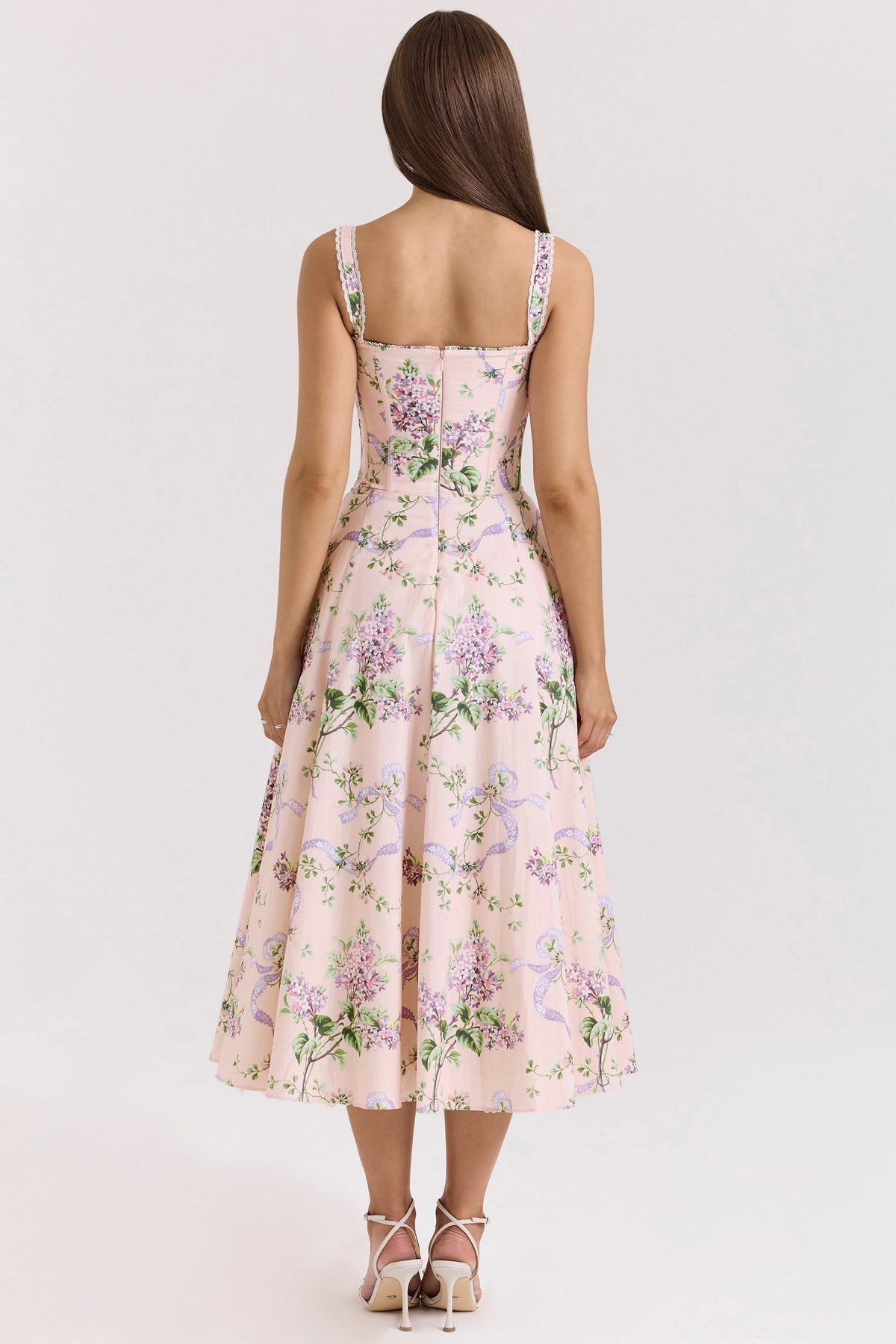 pink floral corset midi dress
