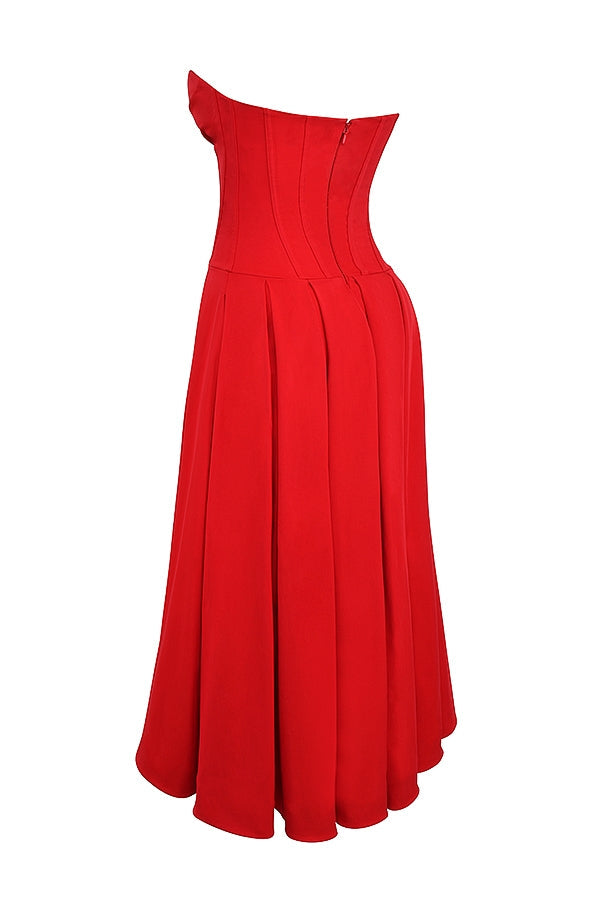 scarlet strapless midi dress