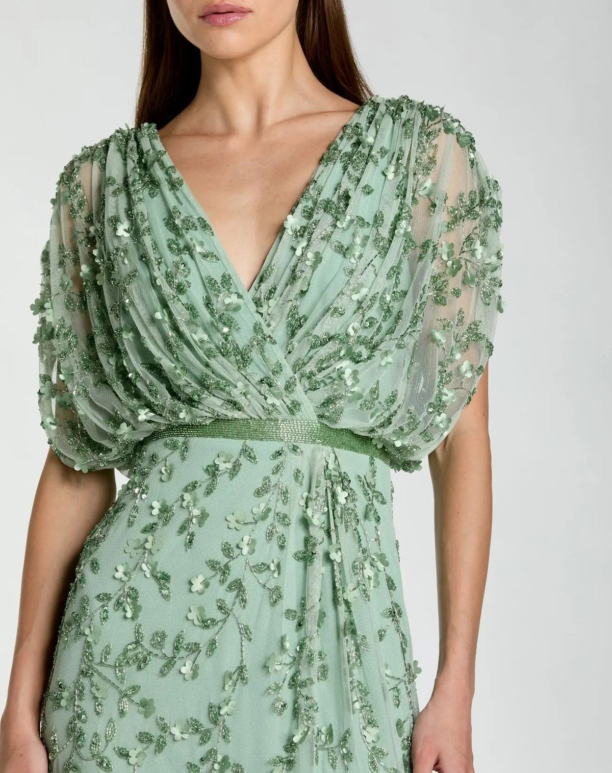 Green Beaded V-Neck Short Sleeve Blouson Gown