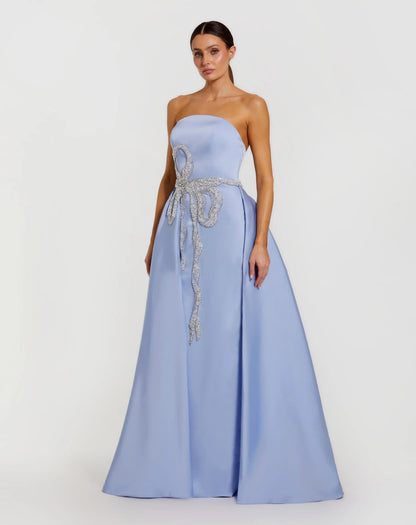 Blue Strapless Embellished Satin Gown with Overskirt