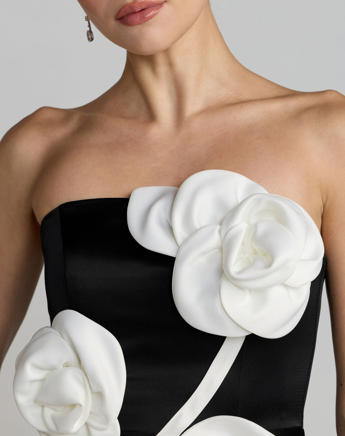 Black Strapless Satin A-Line Dress With 3D Flowers