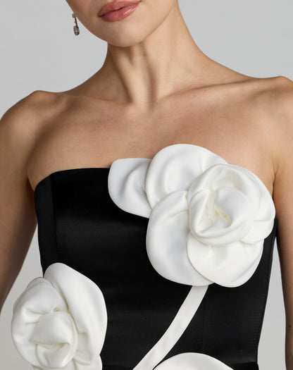 Black Strapless Satin A-Line Dress With 3D Flowers