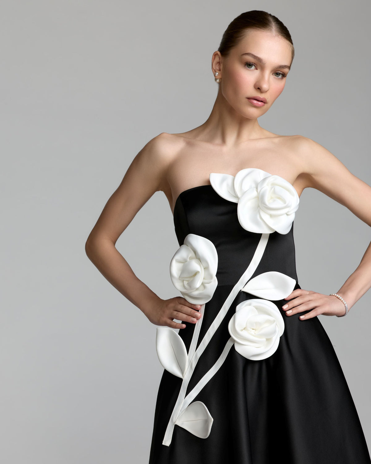 Black Strapless Satin A-Line Dress With 3D Flowers
