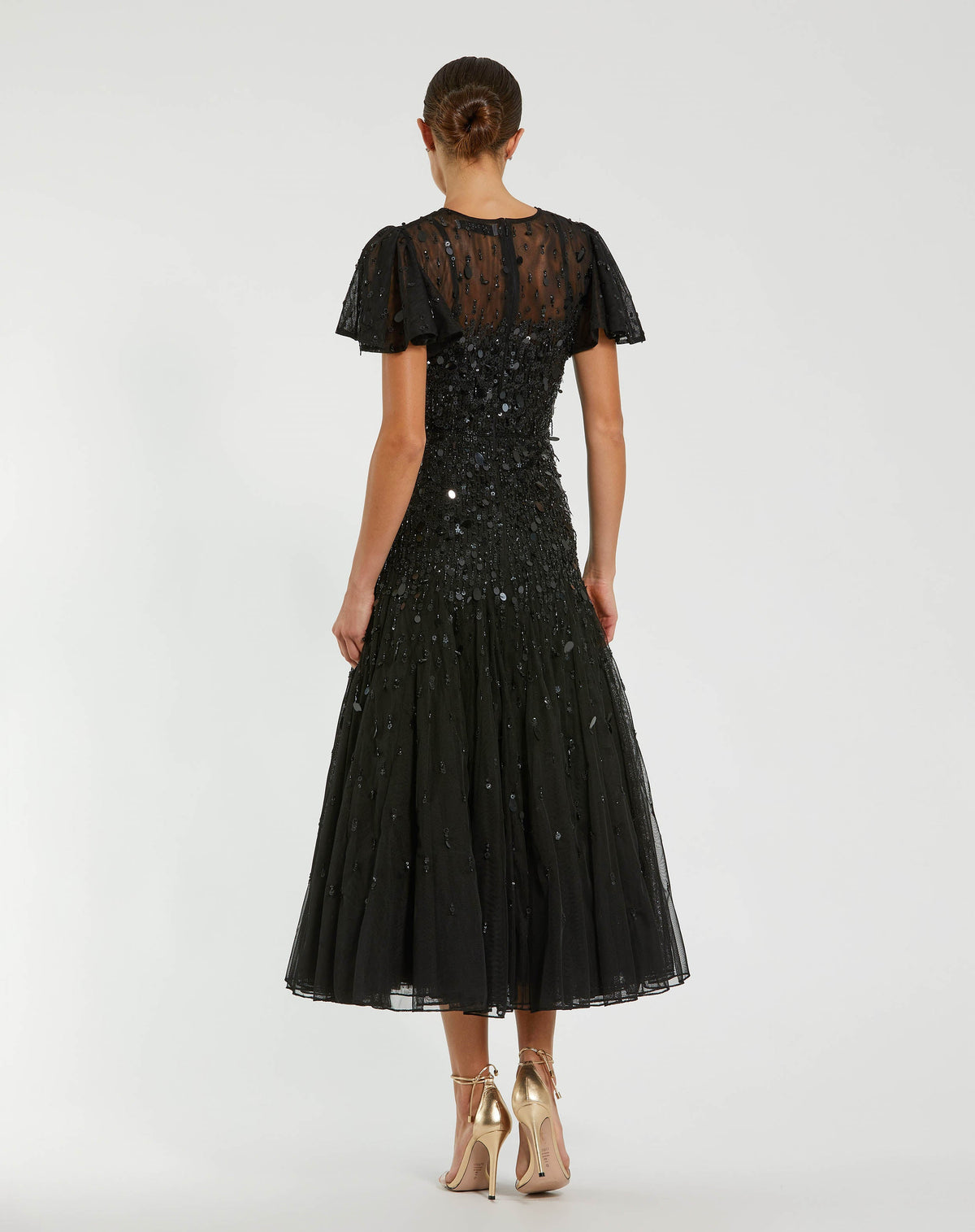 Black High Neck Flutter Sleeve Embellished Midi Dress
