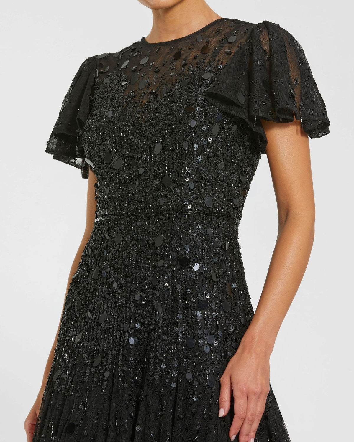 Black High Neck Flutter Sleeve Embellished Midi Dress
