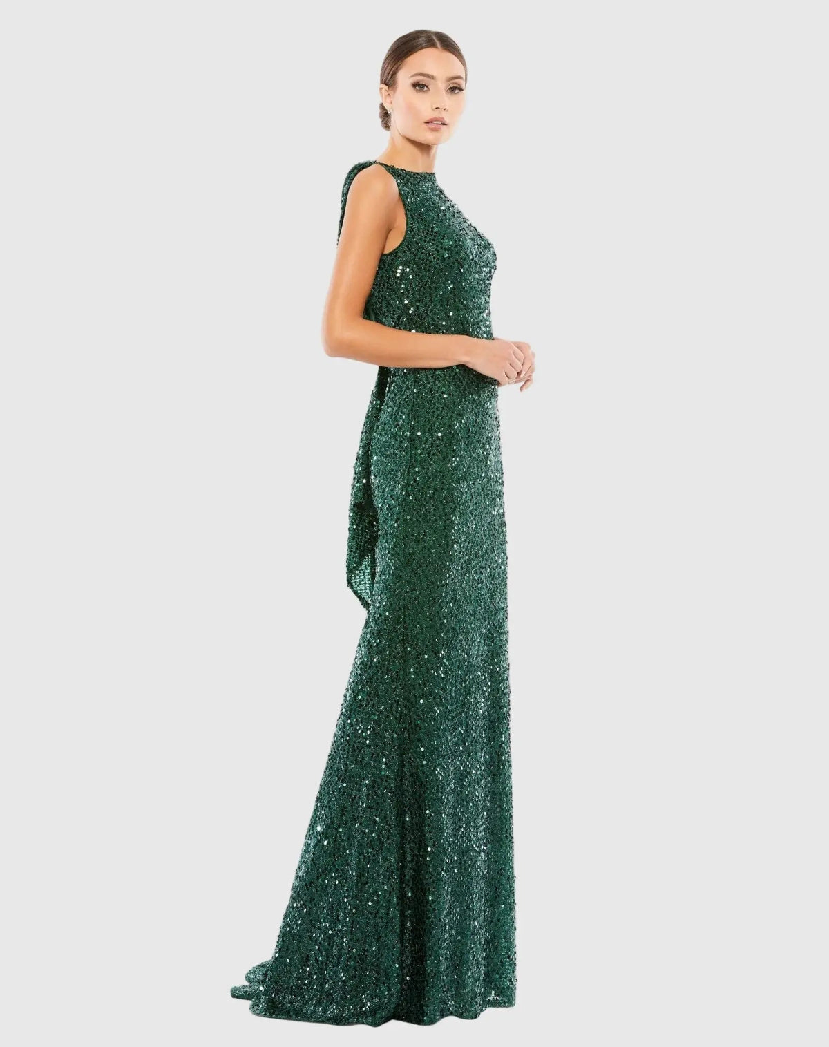 Green Cowl Back Boat Neck Sequined Evening Gown