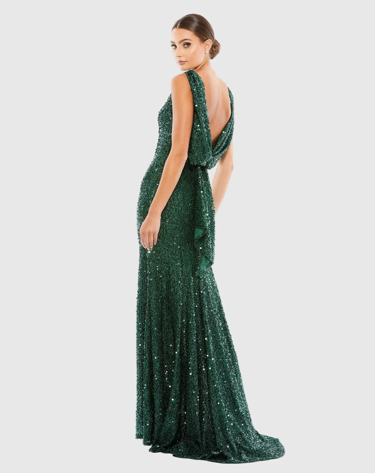 Green Cowl Back Boat Neck Sequined Evening Gown