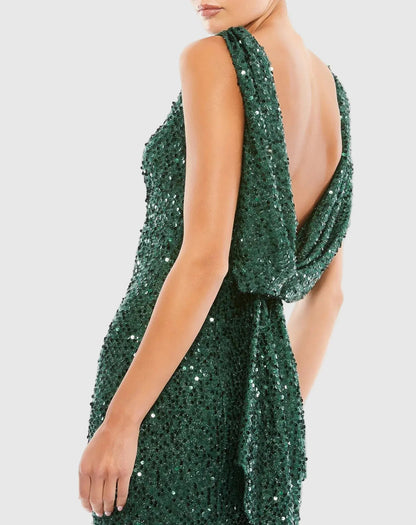 Green Cowl Back Boat Neck Sequined Evening Gown
