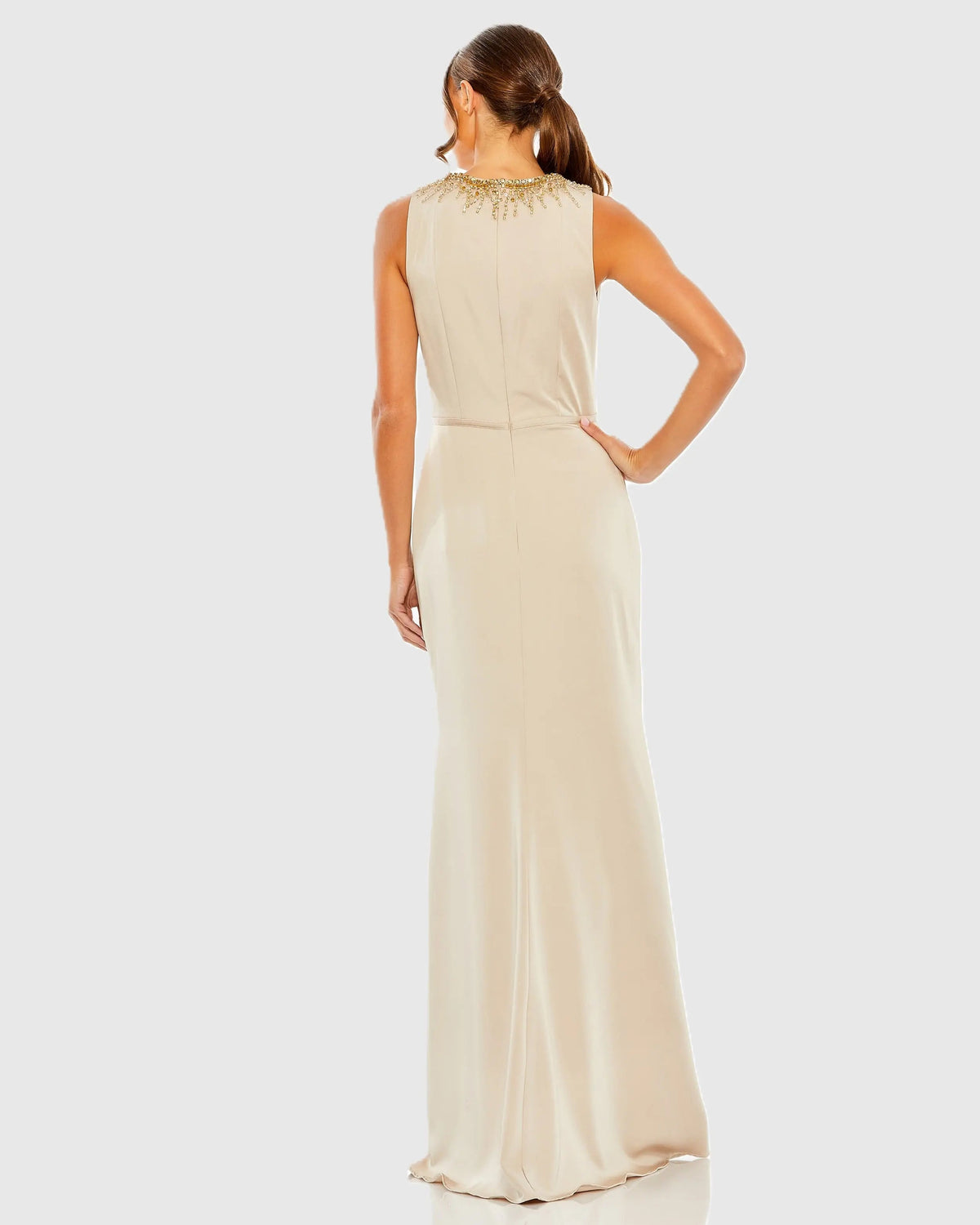 Beige High Neck Rhinestone Column Gown With Slit