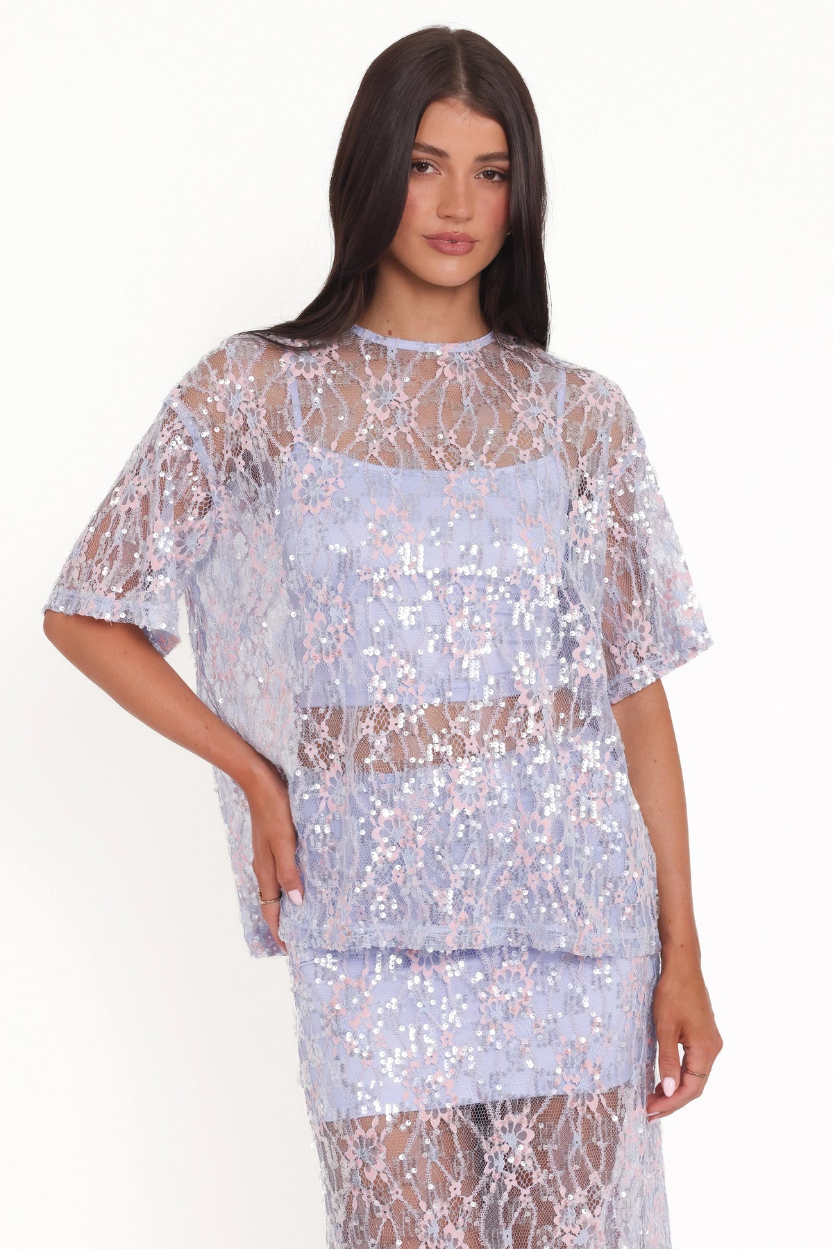 Yonder Sheer Lace Tee Top - Purple