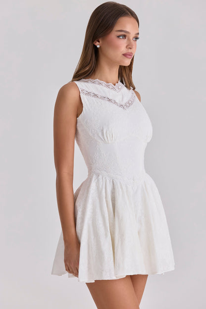 white embroidered cotton lace trim mini dress