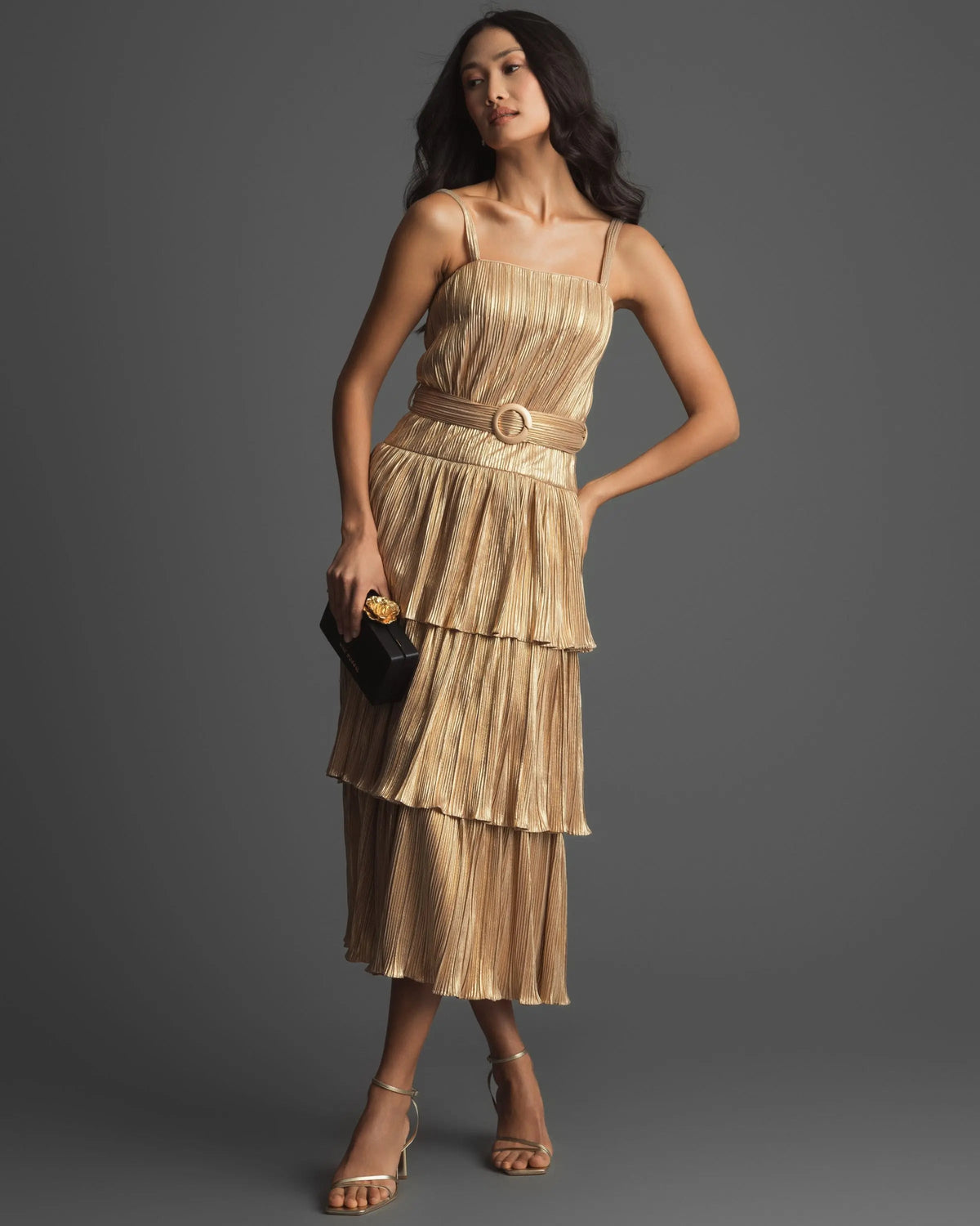 Gold Ruffle Tiered Buckle Detail Dress - FINAL SALE