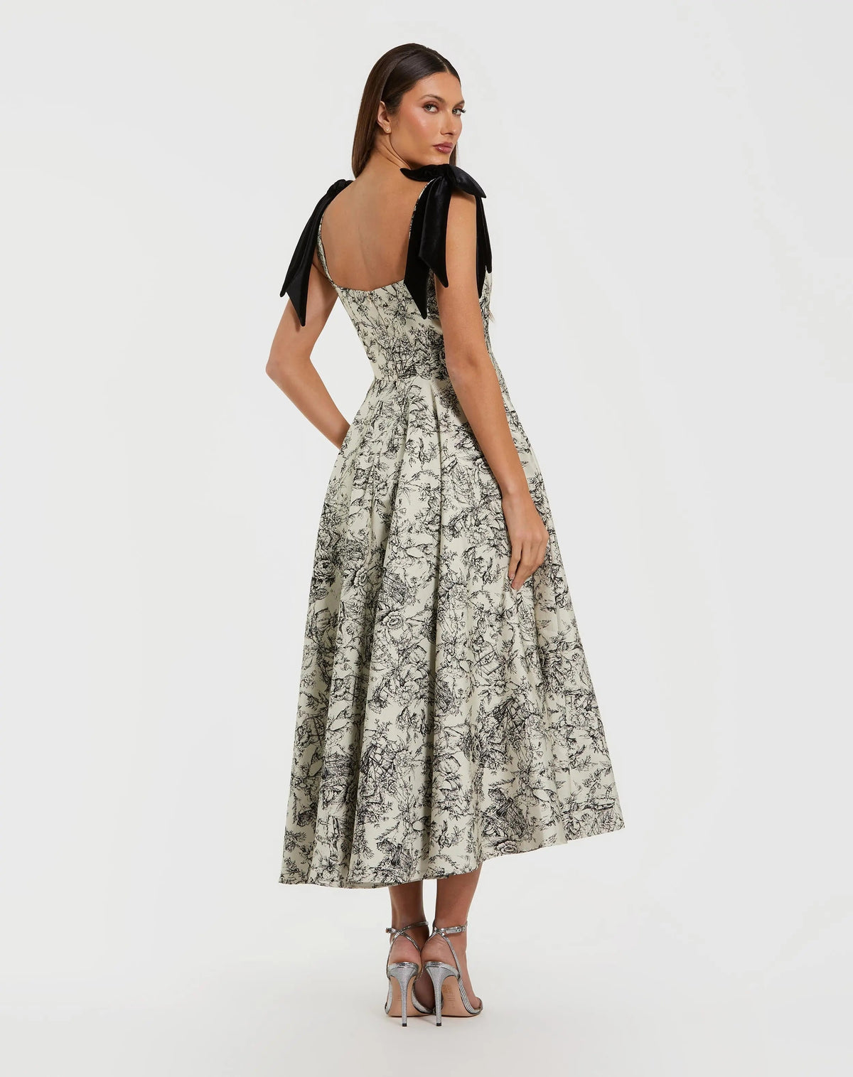 Black Ivory Brocade A Line Midi Dress With Bow Straps