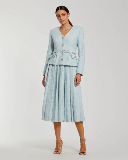 Blue Boucle Long Sleeve V Neck Midi Dress With Buttons