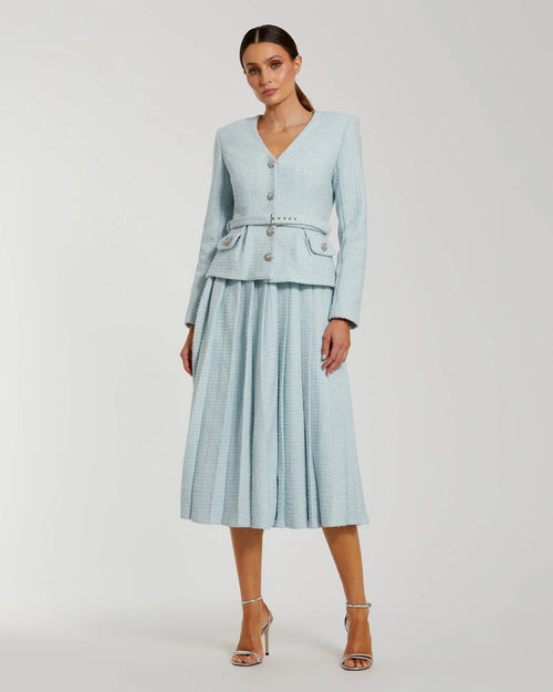 Blue Boucle Long Sleeve V Neck Midi Dress With Buttons