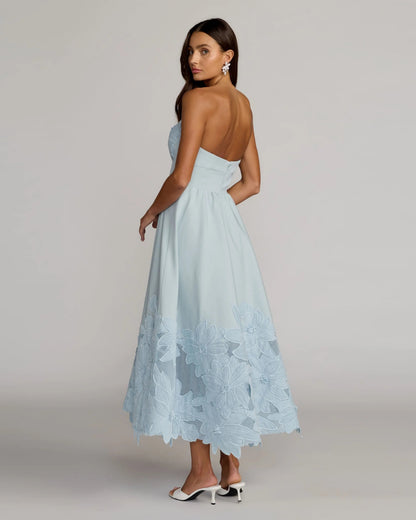 Blue Strapless Floral Appliqué Midi Dress