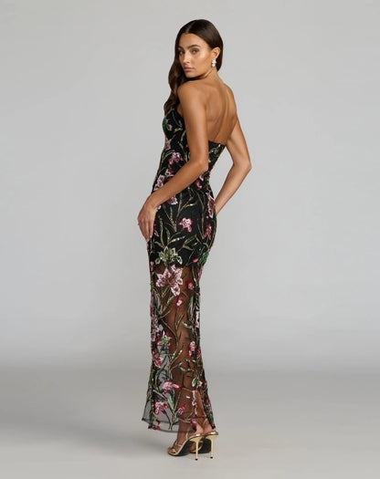 Black Strapless Floral Embroidered Column Dress