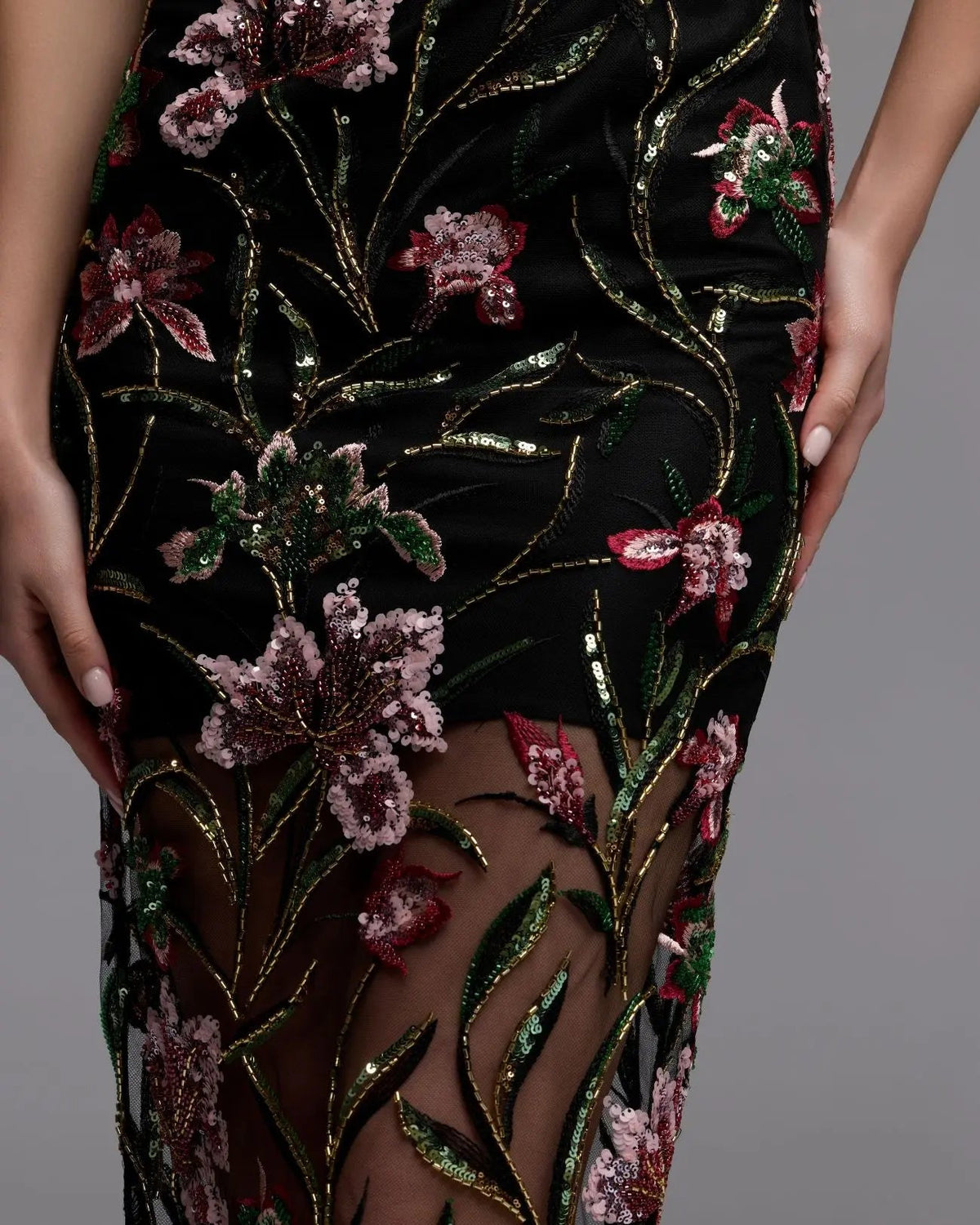 Black Strapless Floral Embroidered Column Dress