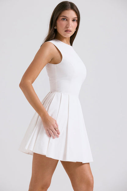 white pleated cotton mini dress
