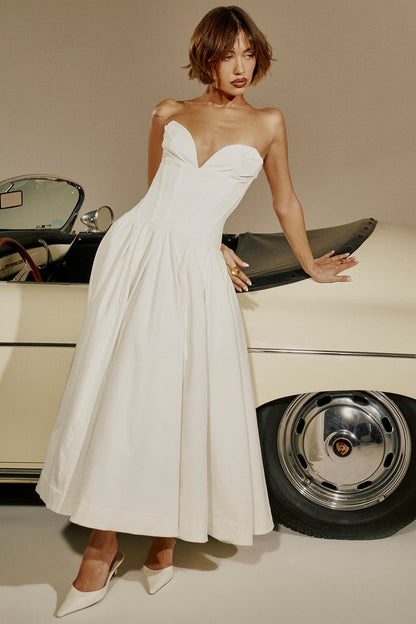 white strapless midi dress