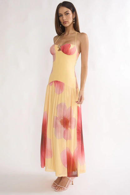 Justyne Drop Waist Halter Maxi Dress Floral Yellow