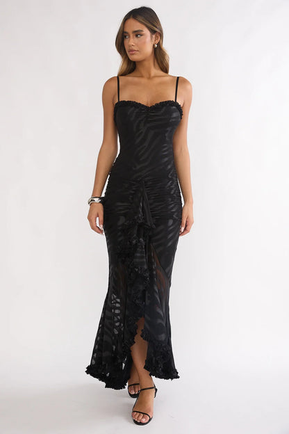 Everine Ruched Frill Trim Maxi Dress Black