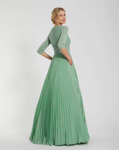 Green Pleated Shimmering 3/4 Sleeve Ball Gown