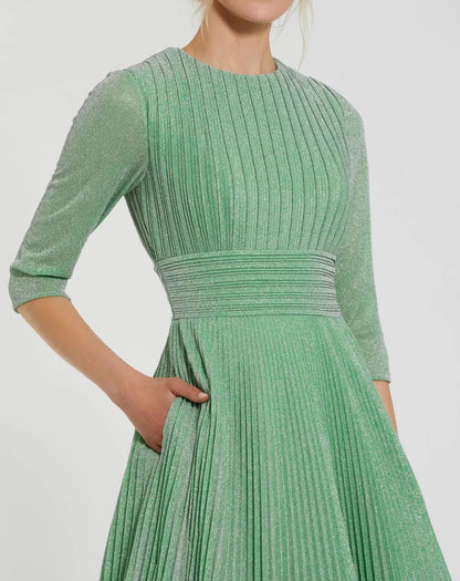 Green Pleated Shimmering 3/4 Sleeve Ball Gown