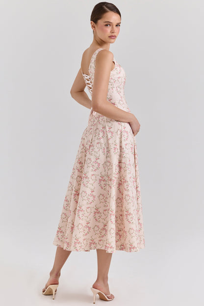 cream floral print cotton midi sun dress