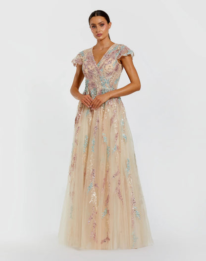 Nude Multi Floral Embroidered Tulle Gown