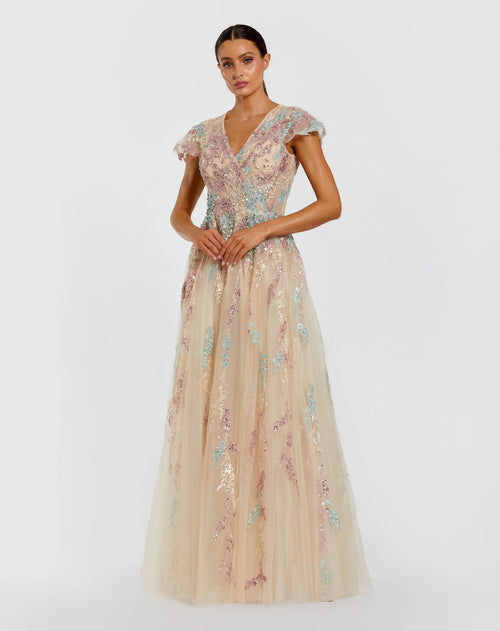 Nude Multi Floral Embroidered Tulle Gown