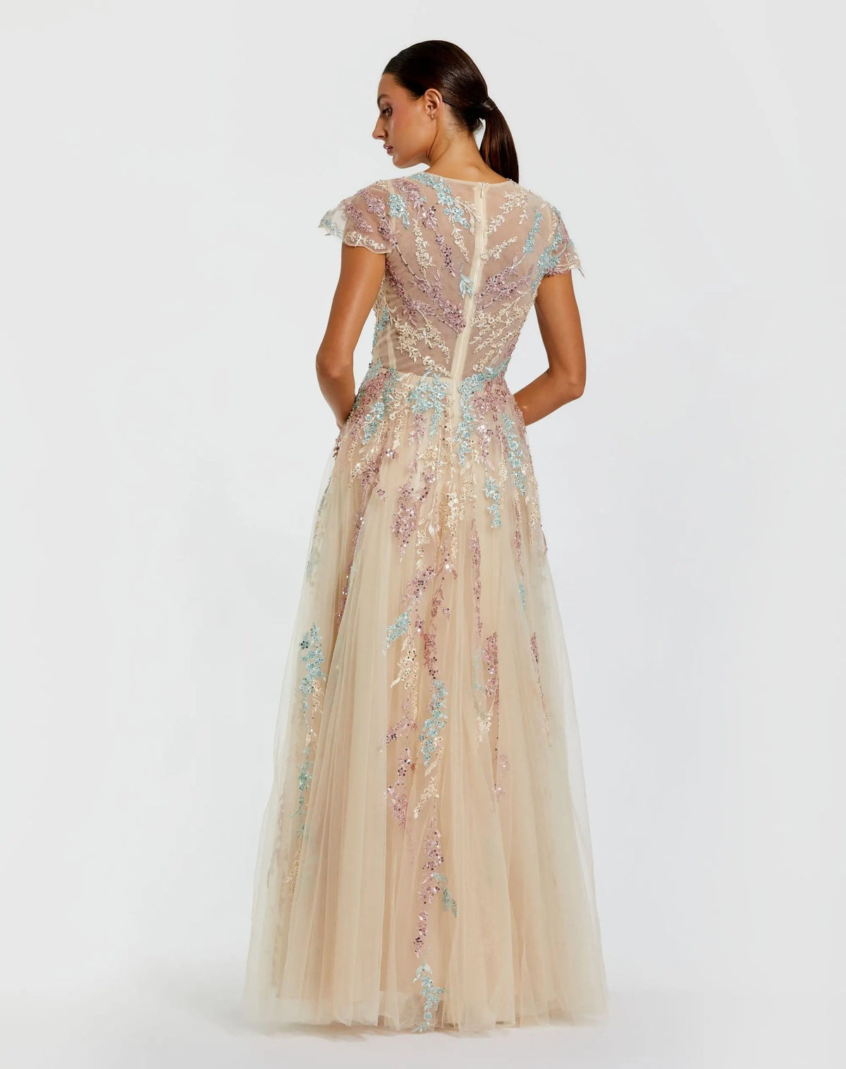 Nude Multi Floral Embroidered Tulle Gown