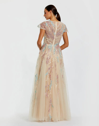 Nude Multi Floral Embroidered Tulle Gown