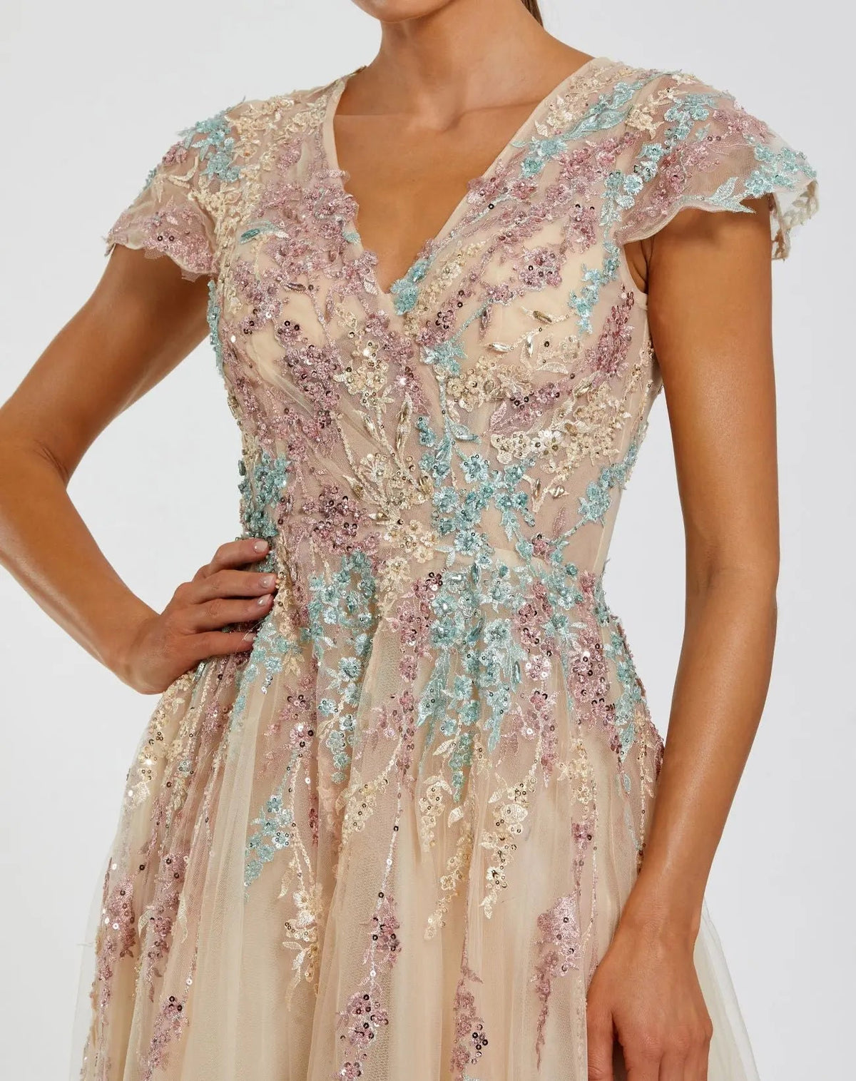 Nude Multi Floral Embroidered Tulle Gown