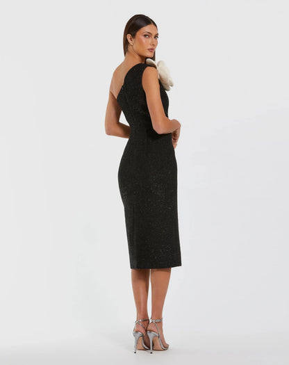 Black One Shoulder Boucle Midi Dress With 3D Flower