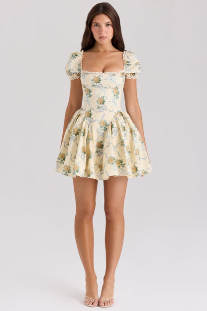 lemon rose print cotton mini dress