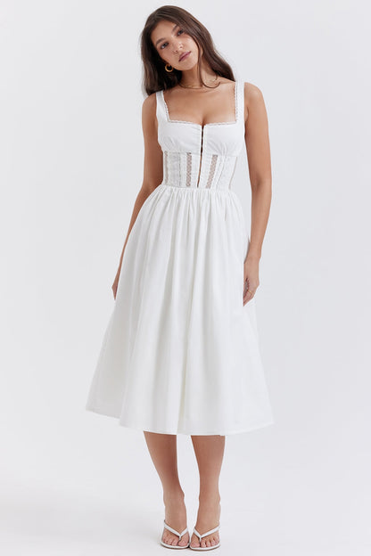 white lace trim midi dress