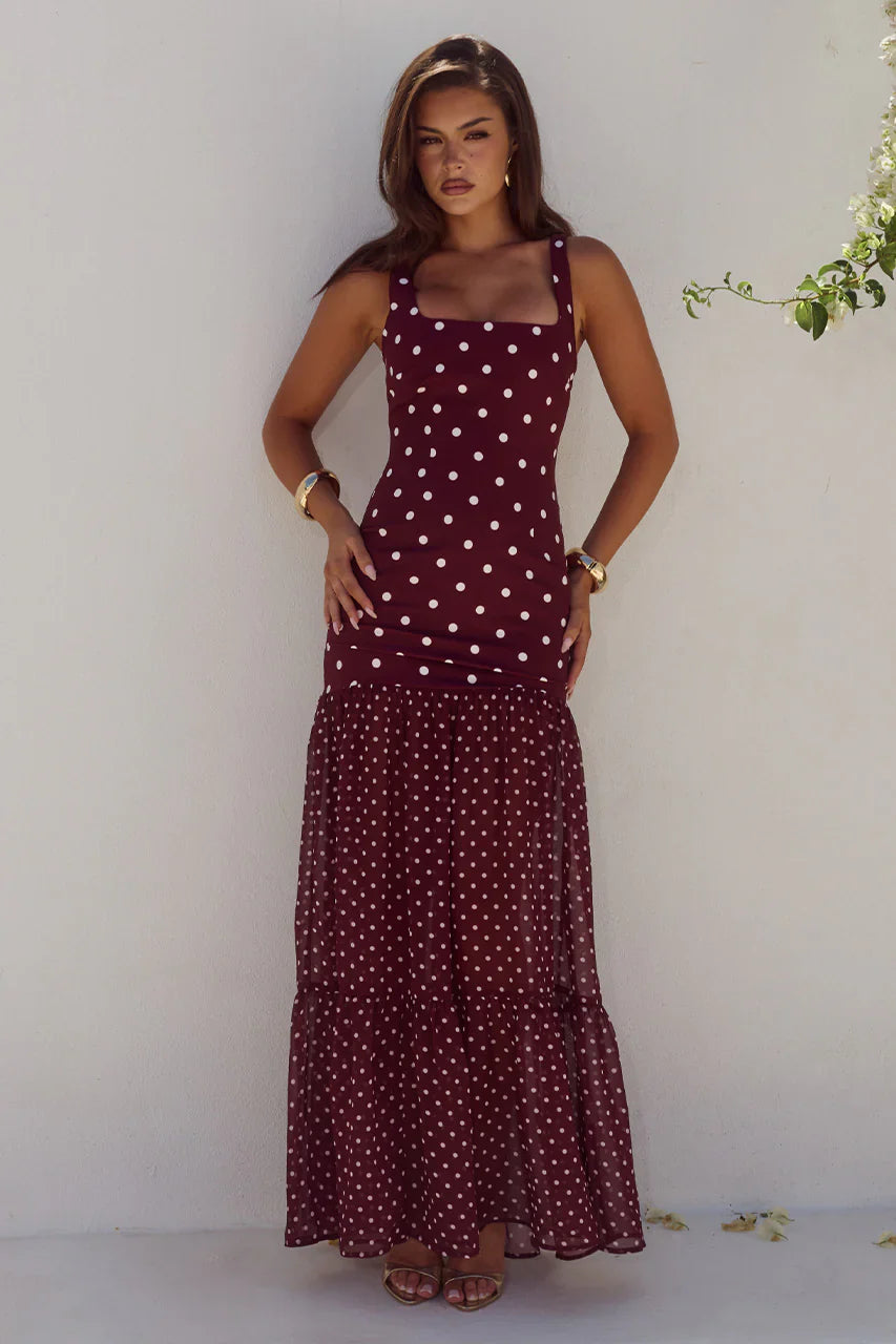 TILLIE SHEER BOTTOM MAXI DRESS - WINE/WHITE POLKA