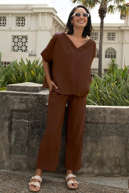 Gemma Short Sleeve V Neck Top Mocha